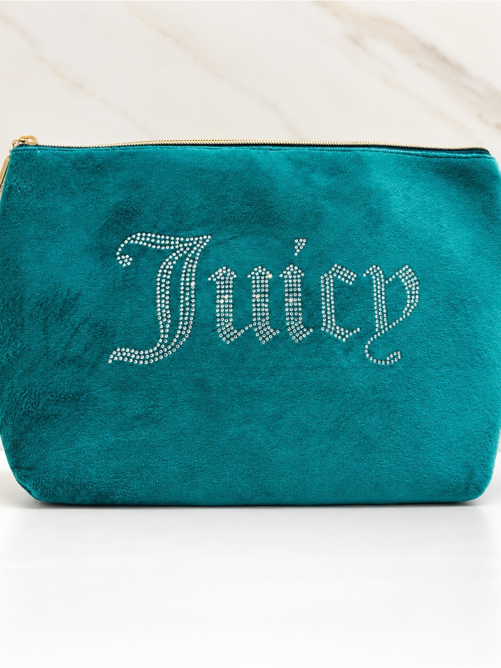 Juicy Couture Teal Velour Cosmetic Makeup Travel Pouch Rhinestone Logo